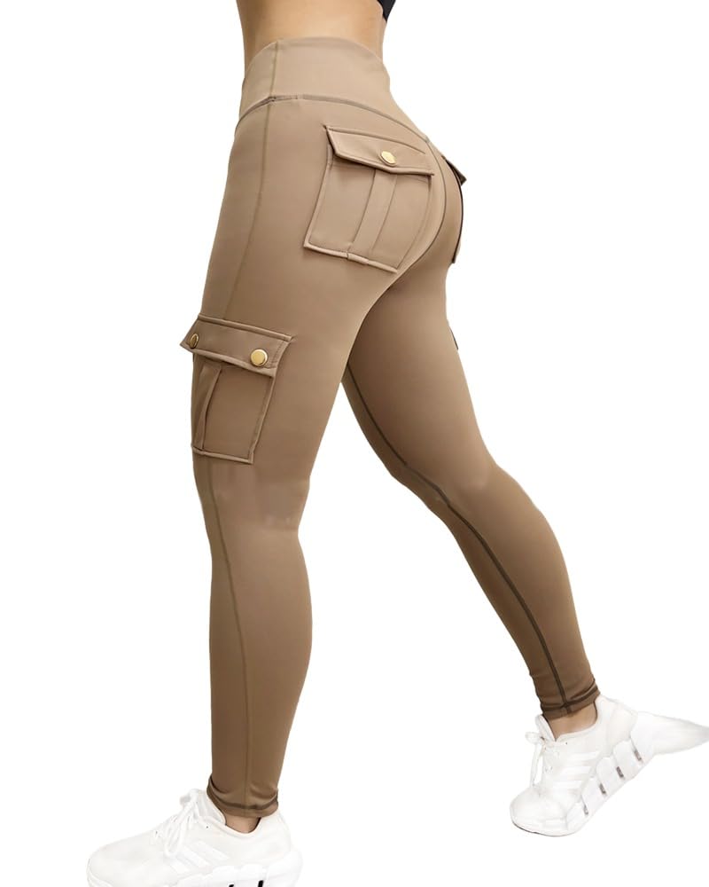 Beige cargo leggings with pockets on a white background