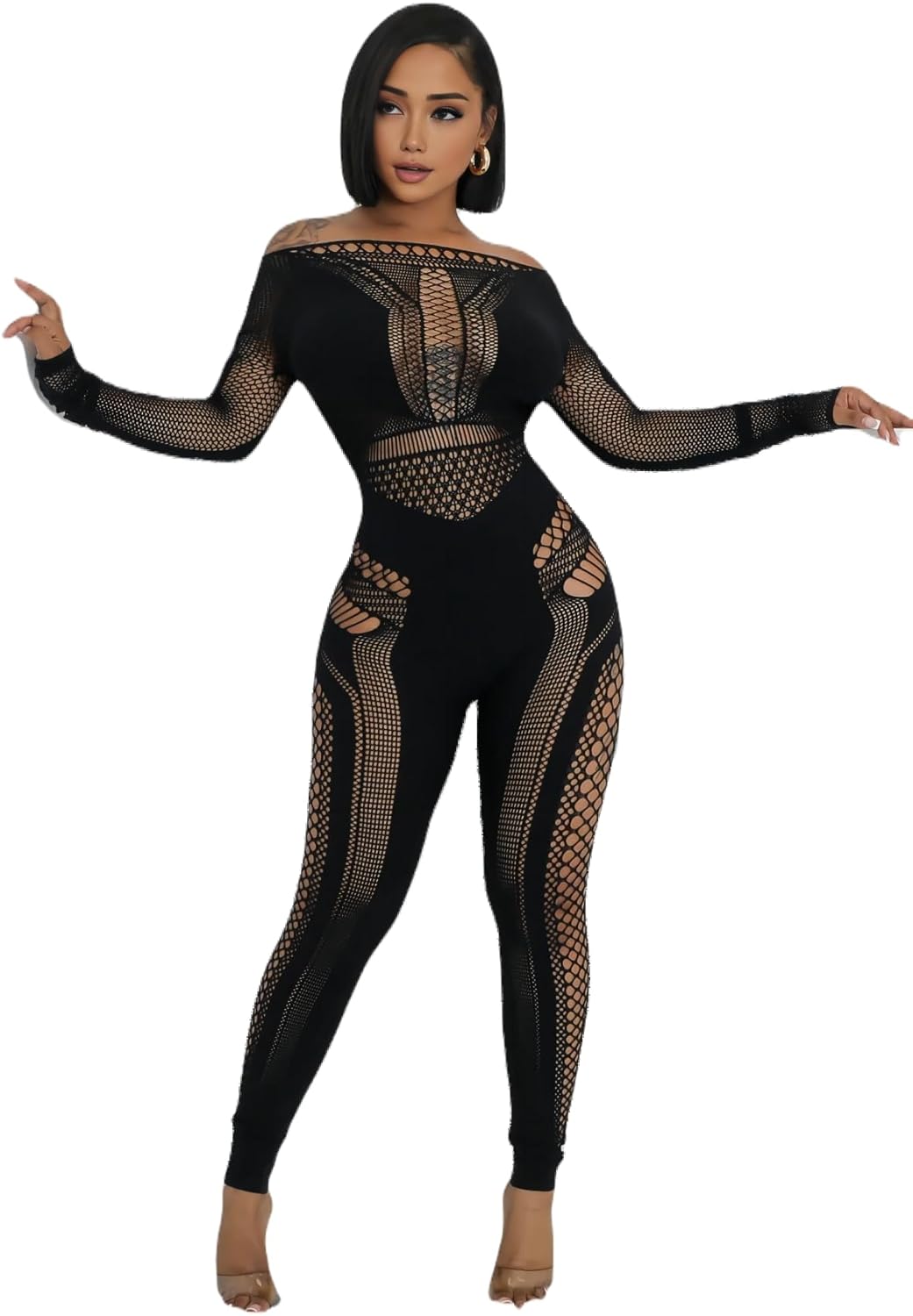 Black mesh jumpsuit worn by a model on a white background