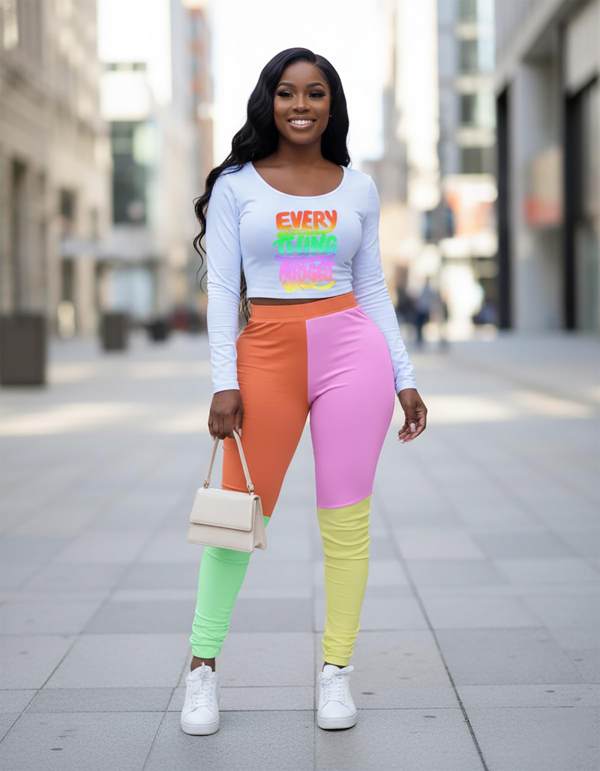 Woman wearing a colorful outfit with a white top and multicolored pants on a city street.