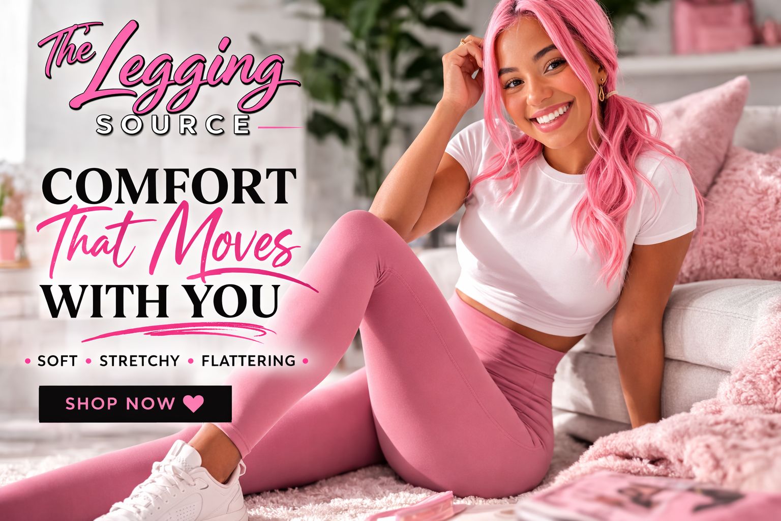 Woman wearing pink leggings and a white crop top sitting on a couch with promotional text for 'The Legging Source'.