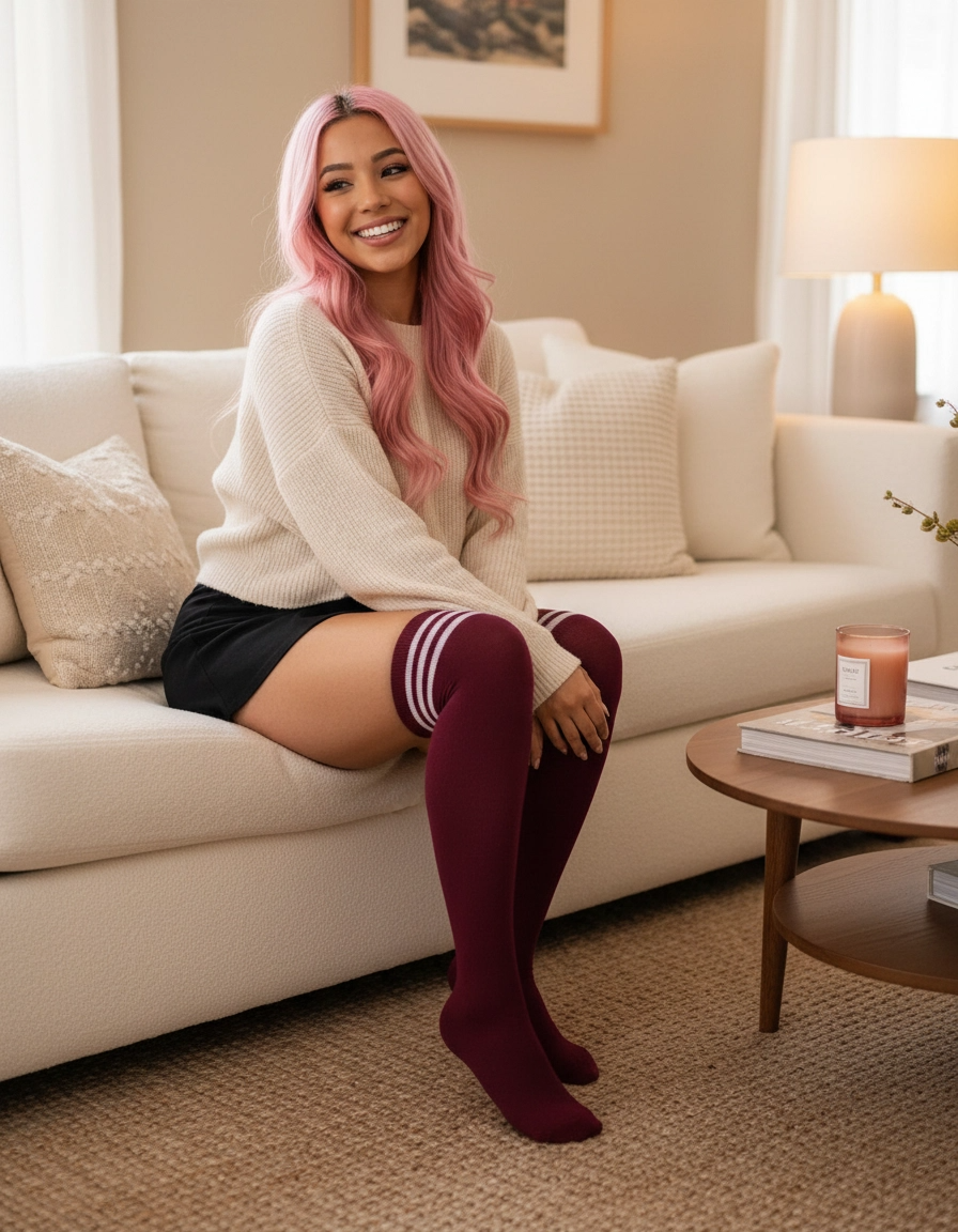 Woman with pink hair sitting on a couch wearing a white sweater and burgundy knee-high socks with white stripes.